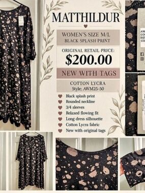 MATTHILDUR Black Splash Print Dress M/L NWT Cotton Lycra